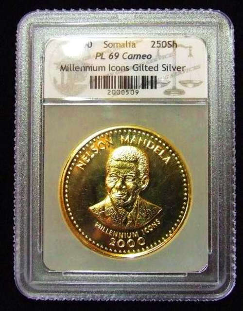 PL 69 Nelson Mandela Millenium Icon Gilted Silver Year 2000 Somalia 250 Schillings ... Low Mintage