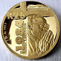 Limited Edition Proof Desmond Tutu 3 Coin Set in Blue Leatherette SA Mint Case . 24 Carat Gold