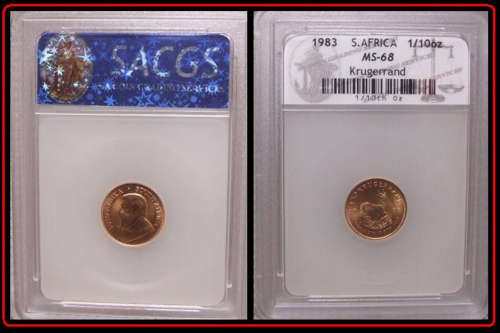 MS 68 1983 Kruger Rand 22 Carat Gold Coin.Solid Gold Bullion.  One Tenth Graded MS 68