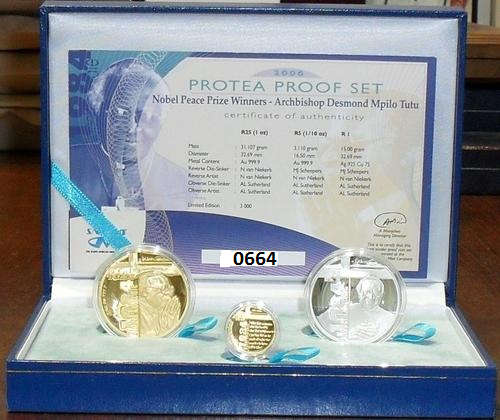 Limited Edition Proof Desmond Tutu 3 Coin Set in Blue Leatherette SA Mint Case . 24 Carat Gold
