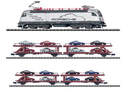 Trix - Minitrix - N Scale - 12356, 15356 and 15357 - Porsche Electric Loco and 2 Autotransport Cars