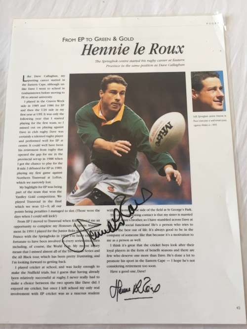 Autograph of Springbok Rugby Legend Hennie le Roux on A4 Laminated Page