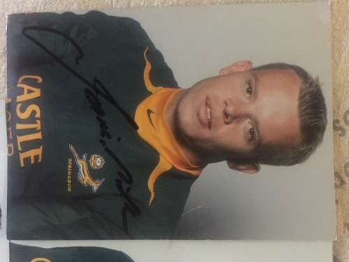 5 Springbok Rugby Players Autographs incl Bakkies Botha, Schalk Burger and Joe van Niekerk