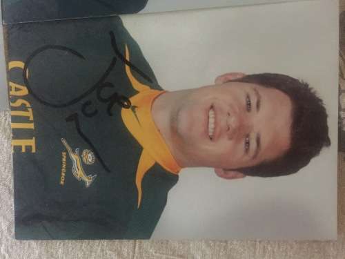 5 Springbok Rugby Players Autographs incl Bakkies Botha, Schalk Burger and Joe van Niekerk