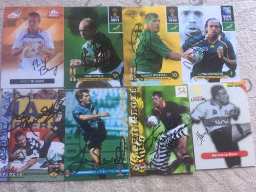 8 Autographed Rugby Cards incl Gary Botha, Hennie le Roux, Carlos Spencer, etc