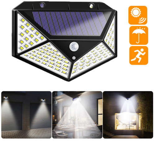 100 LED Solar Powered 600lm PIR Motion Sensor Wall Light Outdoor Garden Lamp 3 Modes - Black