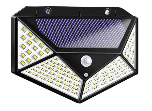 100 LED Solar Powered 600lm PIR Motion Sensor Wall Light Outdoor Garden Lamp 3 Modes - Black