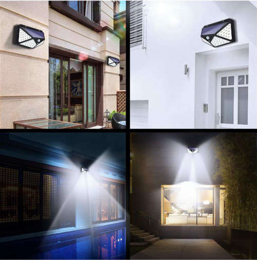 100 LED Solar Powered 600lm PIR Motion Sensor Wall Light Outdoor Garden Lamp 3 Modes - Black