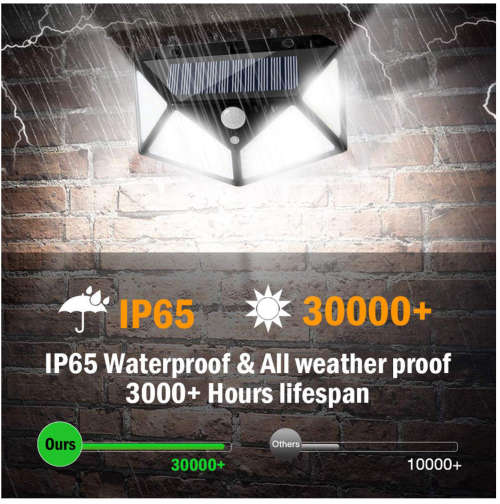 100 LED Solar Powered 600lm PIR Motion Sensor Wall Light Outdoor Garden Lamp 3 Modes - Black