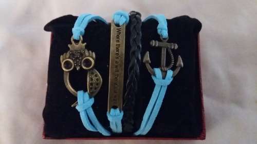 Blue & Black Strap with Owl, Anchor & 'Where There Is A Will There Is A Way' Charm Bracelet