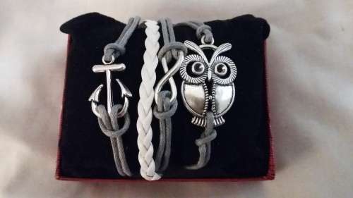 Gray & White Strap with Infinity, Anchor & Owl Charm Bracelet
