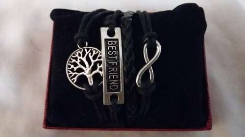 Black Strap with Infinity, Bestfriend & Tree of Life Charm Bracelet