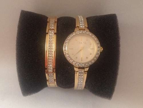 Original Tempo Crystal Gold and Silver Plated Watch and Bracelet Set