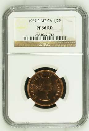1957 SA UNION HALF PENNY NGC PR00F 66 RED - BLAZING RED