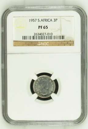 1957 SA UNION SILVER 3 PENCE NGC PROOF 65