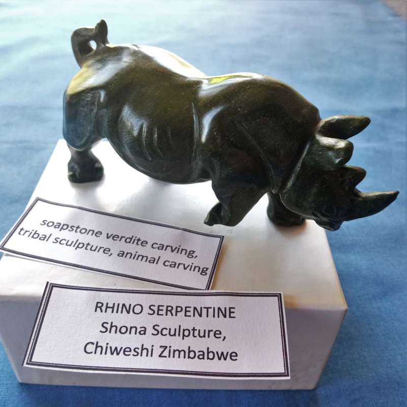 Rhino animal sculpture, jadeite soapstone verdite 12cm - Zimbabwe tribal artwork