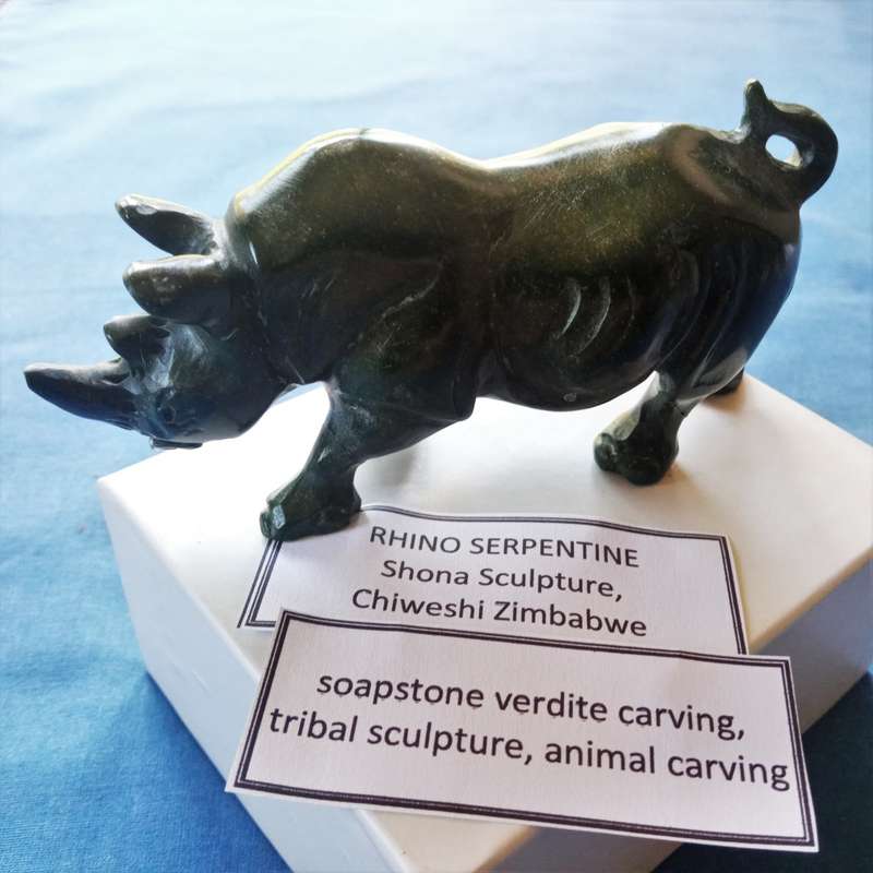 Rhino animal sculpture, jadeite soapstone verdite 12cm - Zimbabwe tribal artwork