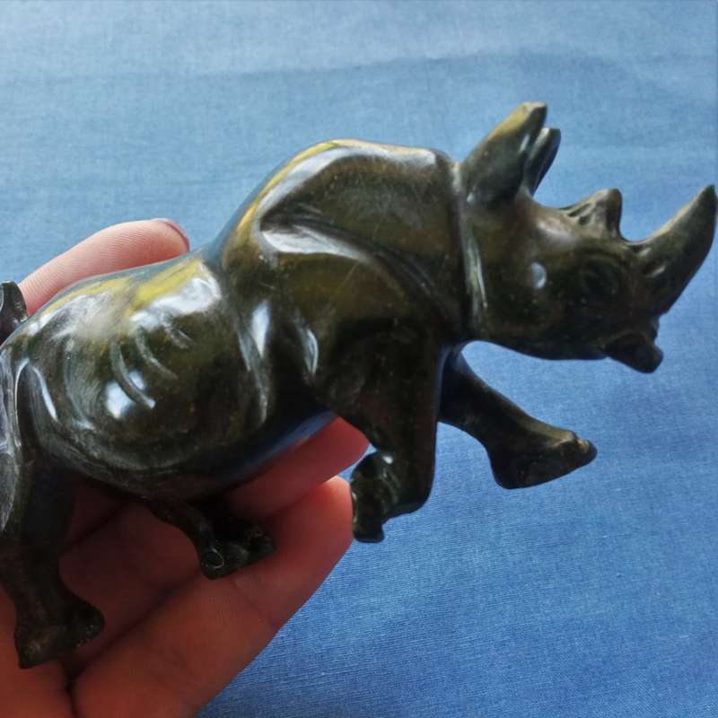 Rhino animal sculpture, jadeite soapstone verdite 12cm - Zimbabwe tribal artwork