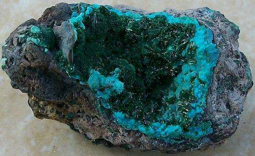 Katanga brochantite, chrysocolla and rosasite crystals on matrix-drc-9g