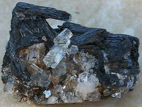 Erongo region aquamarine crystals on black tourmaline crystal cluster-namibia-8g