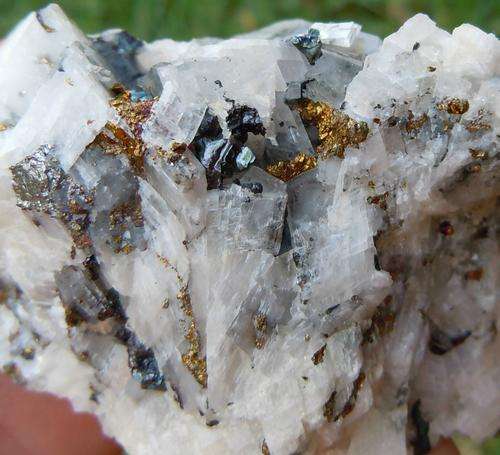 Katanga region carrolite, chalcopyrite, bornite and native copper on calcite matrix-drc-110g