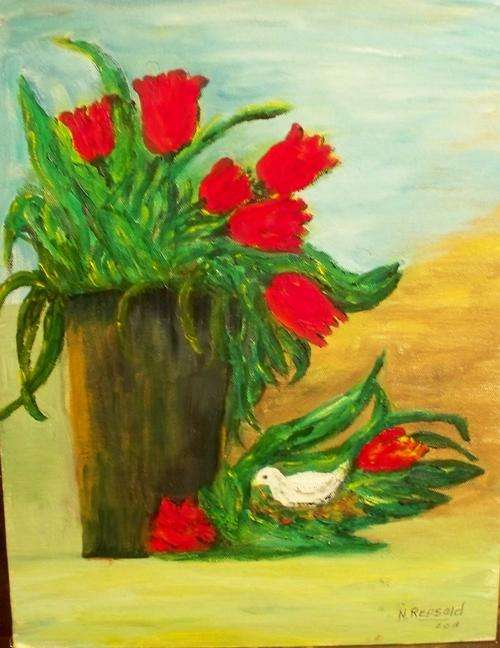 Red Tulips & Bird-12/16"- Artist - N.Repsold
