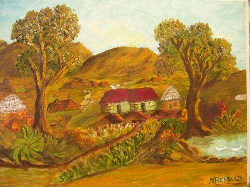 Workers houses and ducks on pond -  12/16"- Artist - N.Repsold
