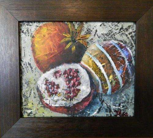 Pomegranate at Xmas- by Thea 310x290mm framed.
