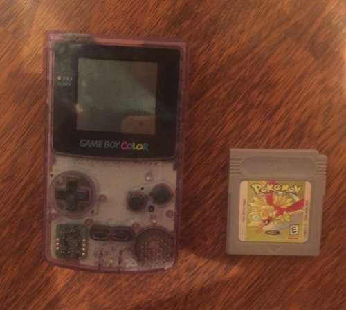 Nintendo GameBoy Colour / Color Purple Transparent with Pokemon Gold cartridge Mint Condition