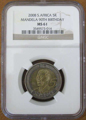 *MS61* * SCARCE GRADE!!!! 2008 MANDELA 90TH BIRTHDAY R5 COIN -NGC GRADED @ R1
