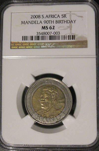 *MS62* * INVEST NOW** 2008 MANDELA 90TH BIRTHDAY R5 COIN -NGC GRADED @ R1