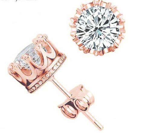 ***CREATED SIM DIAMOND ROSE GOLD PLATED CROWN STUD EARRINGS***