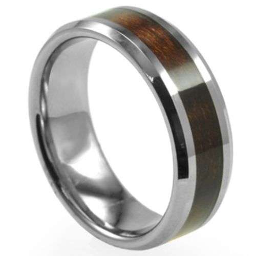 BEVELED EDGE 8MM WOOD INLAY DESIGN MEN'S STAINLESS STEEL RING ~ SIZE 8 ~