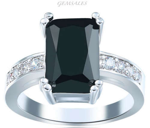 EMERALD CUT BLACK CUBIC ZIRCONIA RING WITH MICRO INLAY *S925*  SIZE 7 3/4 - P (56mm) *