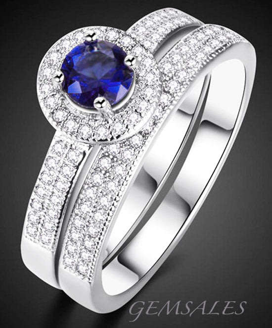 CLASSIC ELEGANT BLUE SAPPHIRE CZ WEDDING SET - SIZE  7 1/2 (56mm)