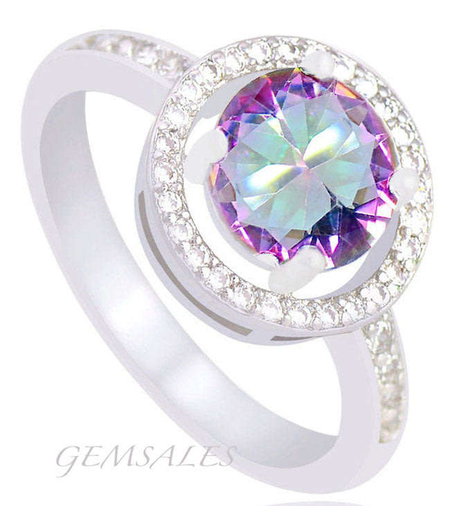 Mystic Topaz CZ Ring with Micro Inlay ~ Halo Setting  -  *S925*  - SIZE  7 3/4 - P 1/4 - 56mm