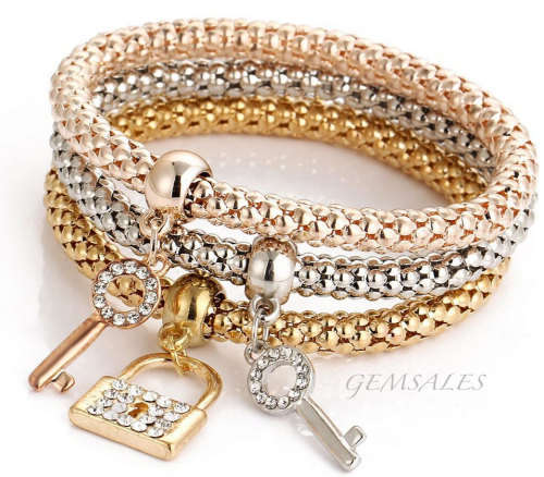 HOT FASHION !!!  MESH CHARM BRACELETS - SET OF 3 - SILVER, GOLD & ROSE GOLD
