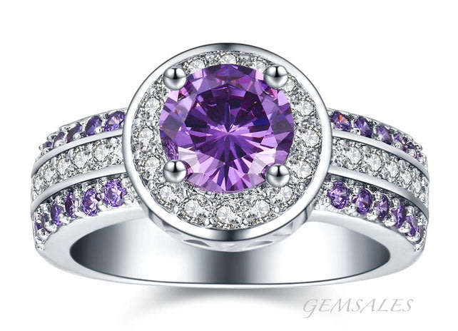EXQUISITE SETTING AMETHYST CZ RING WITH INLAY   *S925*  SIZE  8.5  - Q 1/2 - 58mm