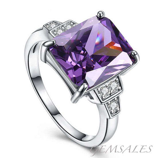 ELEGANT STYLE EMERALD CUT AMETHYST CZ RING ***S925***    SIZE 7 3/4 - P - 56mm