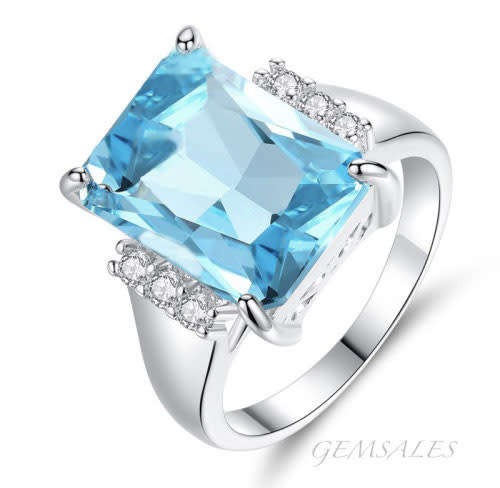 NEW ARRIVAL!  EMERALD CUT AQUAMARINE TOPAZ & CZ RING  - SIZE  7  - O - 54.5mm