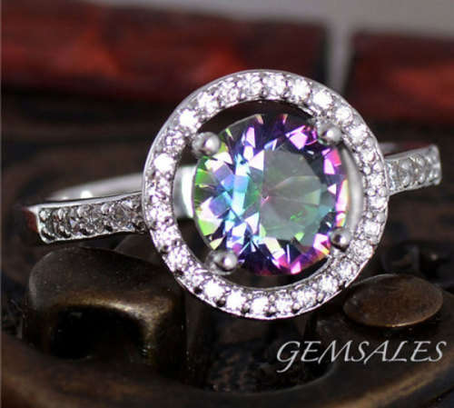 Mystic Topaz CZ Ring with Micro Inlay ~ Halo Setting  -  *S925*  - SIZE  8 3/4 - R - 59mm