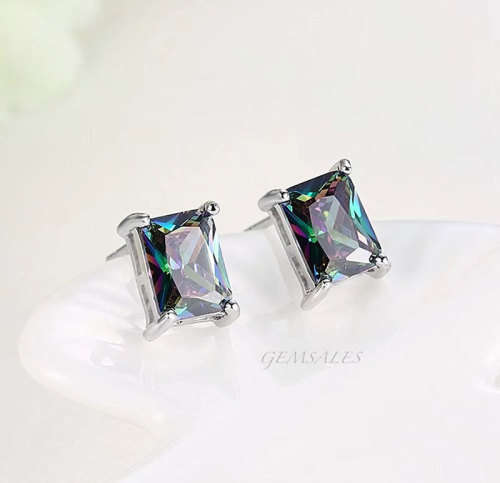 1.74 ct.EMERALD CUT MYSTIC TOPAZ CZ EARRINGS *18KGP *
