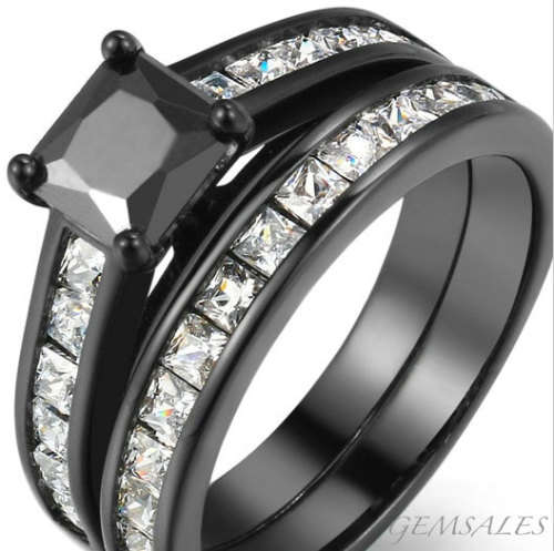 BLACK GOLD WEDDING RING SET #BLACK CZ & CLEAR PRINCESS CUT INLAY# 18KGP   SIZE  7.75  - P 1/2 - 56mm