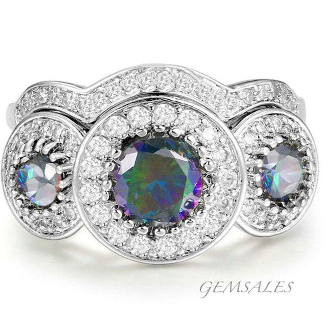 VICTORIAN STYLE MYSTIC TOPAZ WEDDING RING SET #SENSATIONAL# 18KGP SIZE  7 - O - 54.5mm