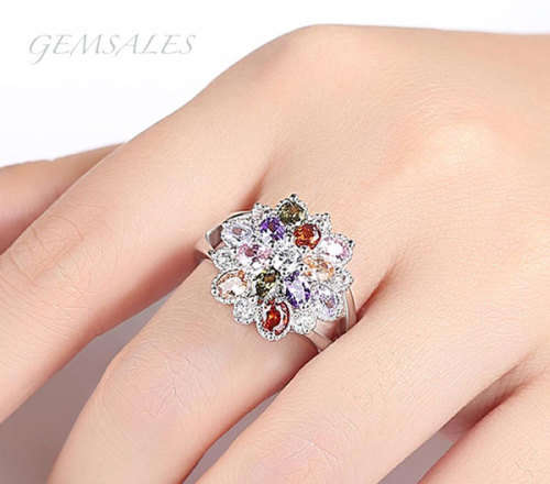 EXQUISITE MULTI-COLOR CZ IN FLOWER SETTING  -   SIZES AVAILABLE   6  /  7  /  8  /  9