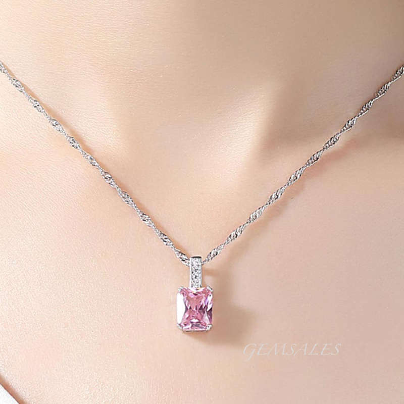 3ct EMERALD CUT TOPAZ IN PAVE SETTING PENDANT NECKLACE  *CHAIN 45cm + EXTENSION 5cm*