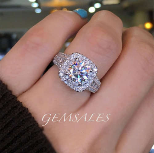 SPECTACULAR  .50ct SET IN DOUBLE HALO WIITH BRILLIANT CUT INLAY  *S925*  SIZE    7   -  O  -  54.5mm