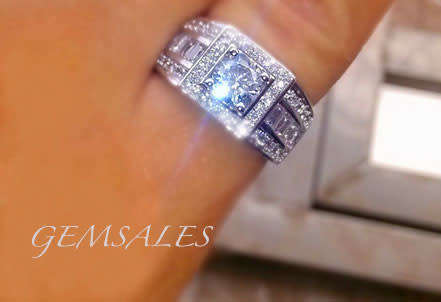 .75ct PRINCESS CUT CZ IN HALO SETTING WITH BAGUETTE INLAY    SIZE    6.75   -   N 1/2   -   53.5mm