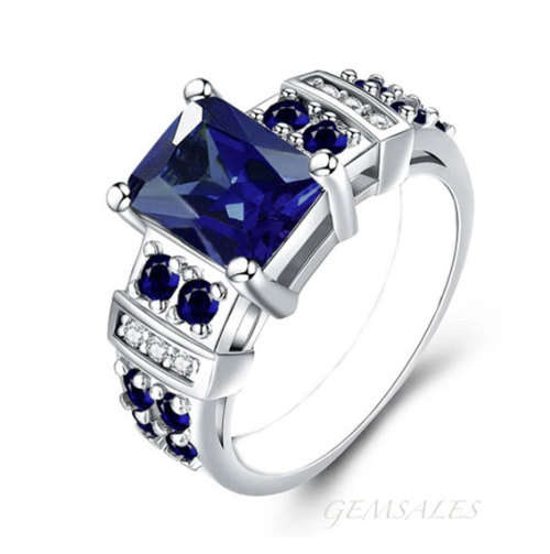 3ct EMERALD CUT ROYAL BLUE CZ DESIGNER RING *EXCUISITE*   SIZES  5   /   6     AVAILABLE