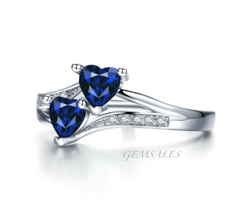 *DOUBLE HEART DESIGN*  ROYAL BLUE TOPAZ CZ   #S925#   SIZE   9.5   -   S 1/2   -   61mm